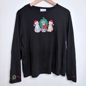 Vintage Christmas Holiday Shirt Long Sleeve Women XL Tee Embroidered Cats Wreath